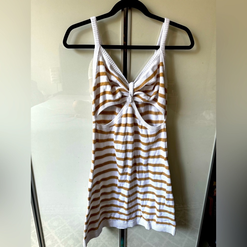aerie Striped Knit Cut-Out Mini Dress, white and beige, 100% cotton, medium